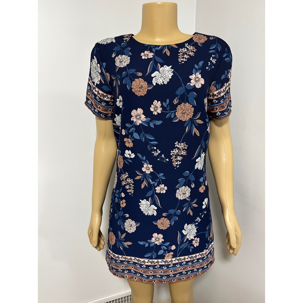 Lulus Navy Blue Floral Shift Mini Dress Short Sleeve Crew Neck M Made in USA
